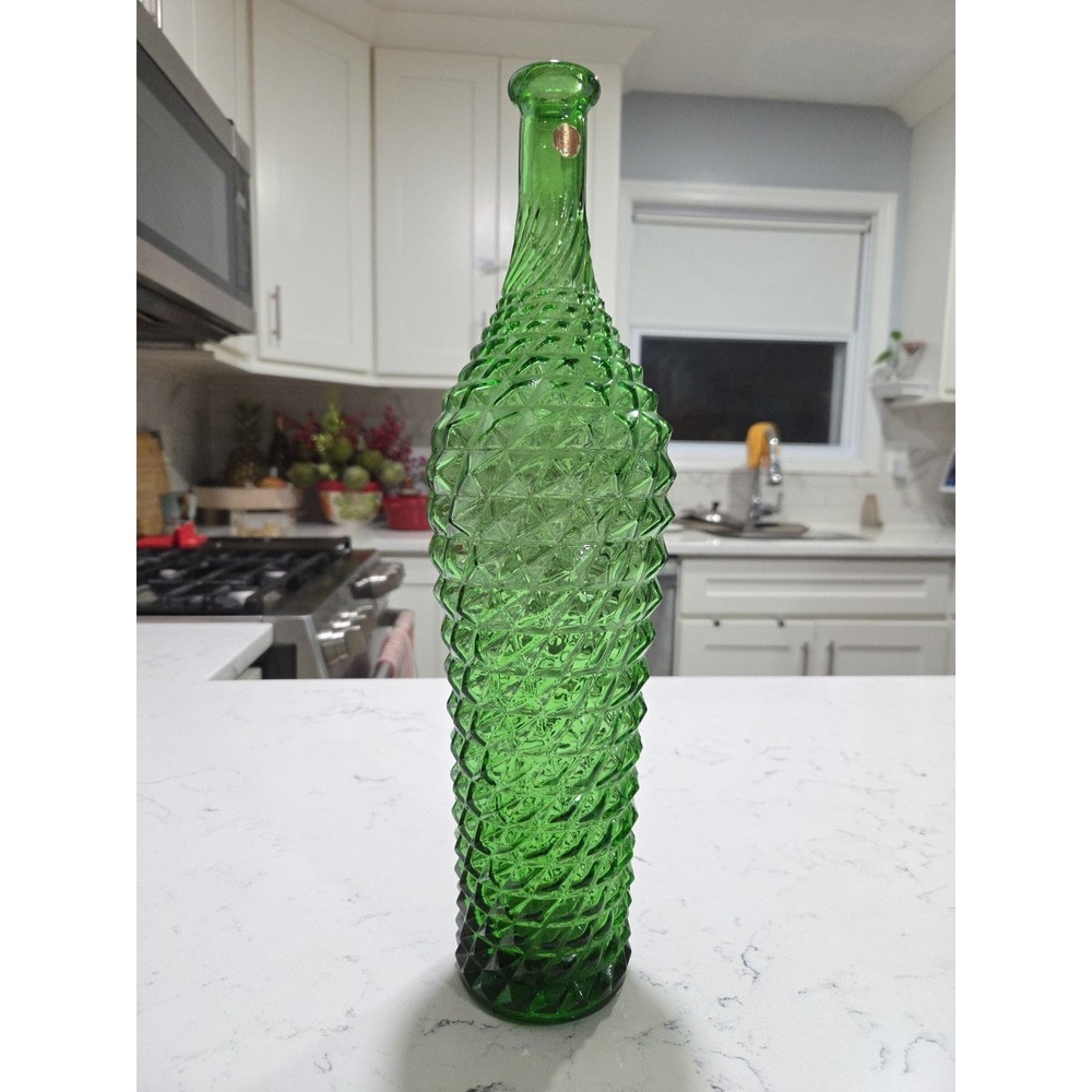 Vintage Empoli Italy Diamond Cut Green Glass Genie Bottle 16" No Stopper